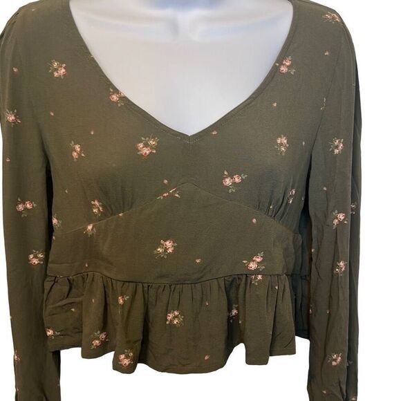 Arizona Jean Co Green Pink Floral V Neck Peplum Crop Top Long Sleeve Small Boho - Picture 3 of 8
